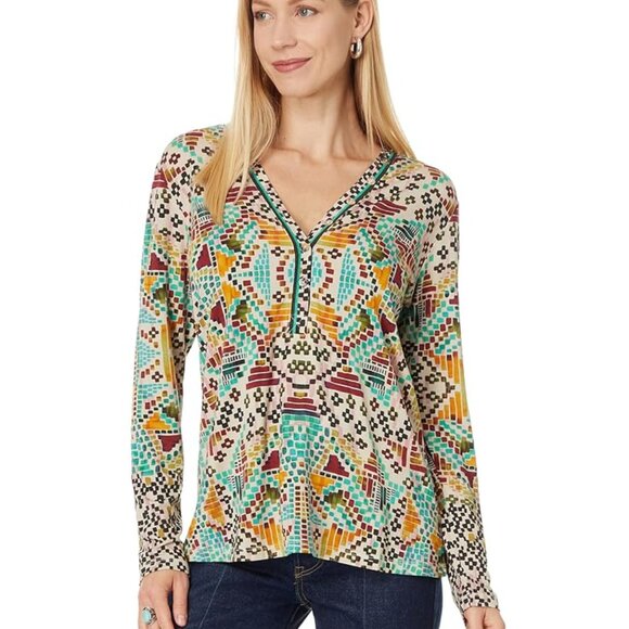 Johnny Was Etris Janie Favorite Long Sleeve Button Henley Tee Shirt Beige Top NW - Picture 1 of 10